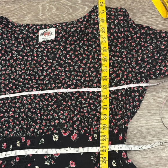 VTG 80s Lanz Originals Ditsy Floral Shirred Midi Dress Black Pink Chintz Cottage - Picture 12 of 13